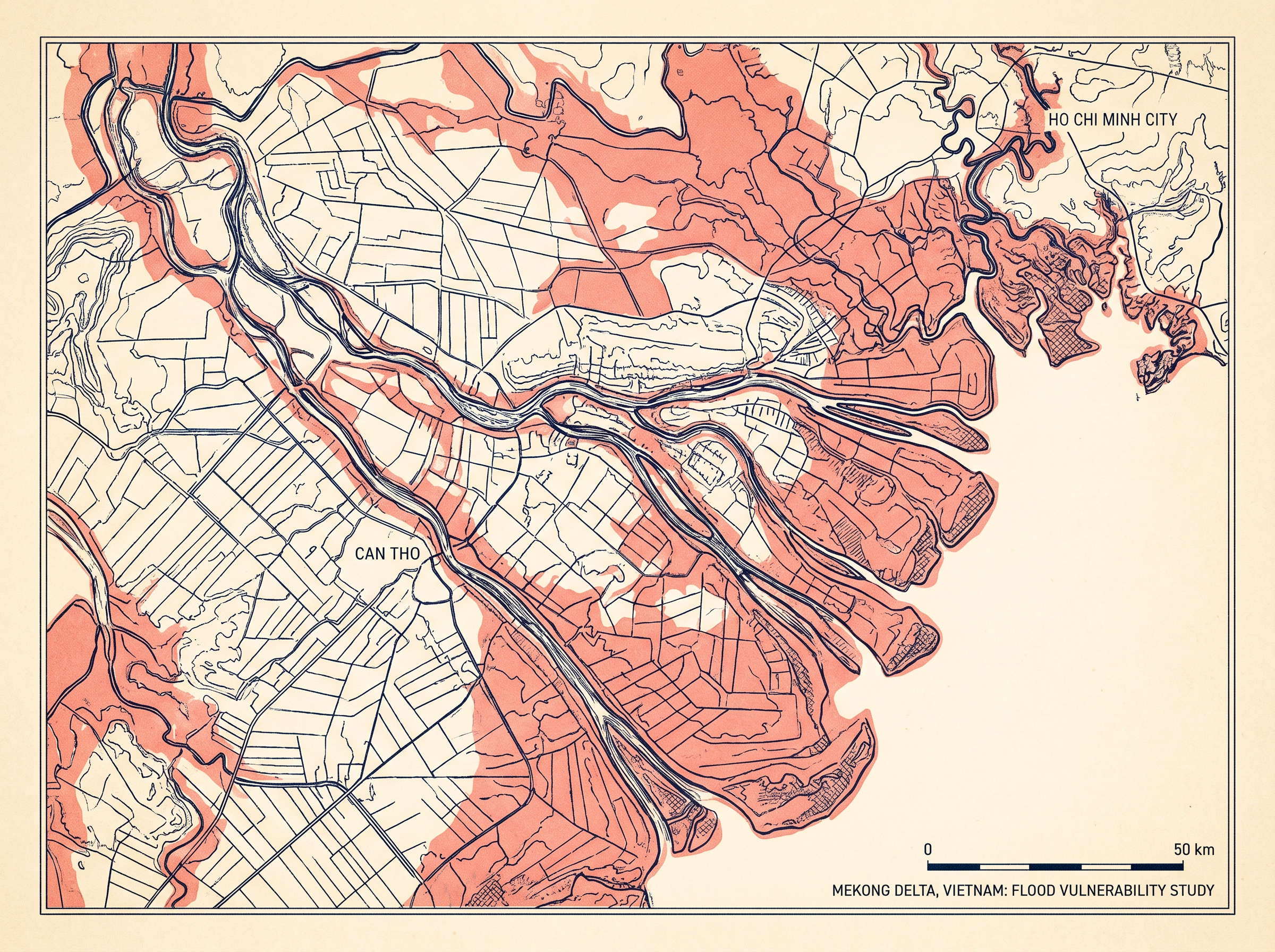Mapa del delta del Mekong con zonas vulnerables