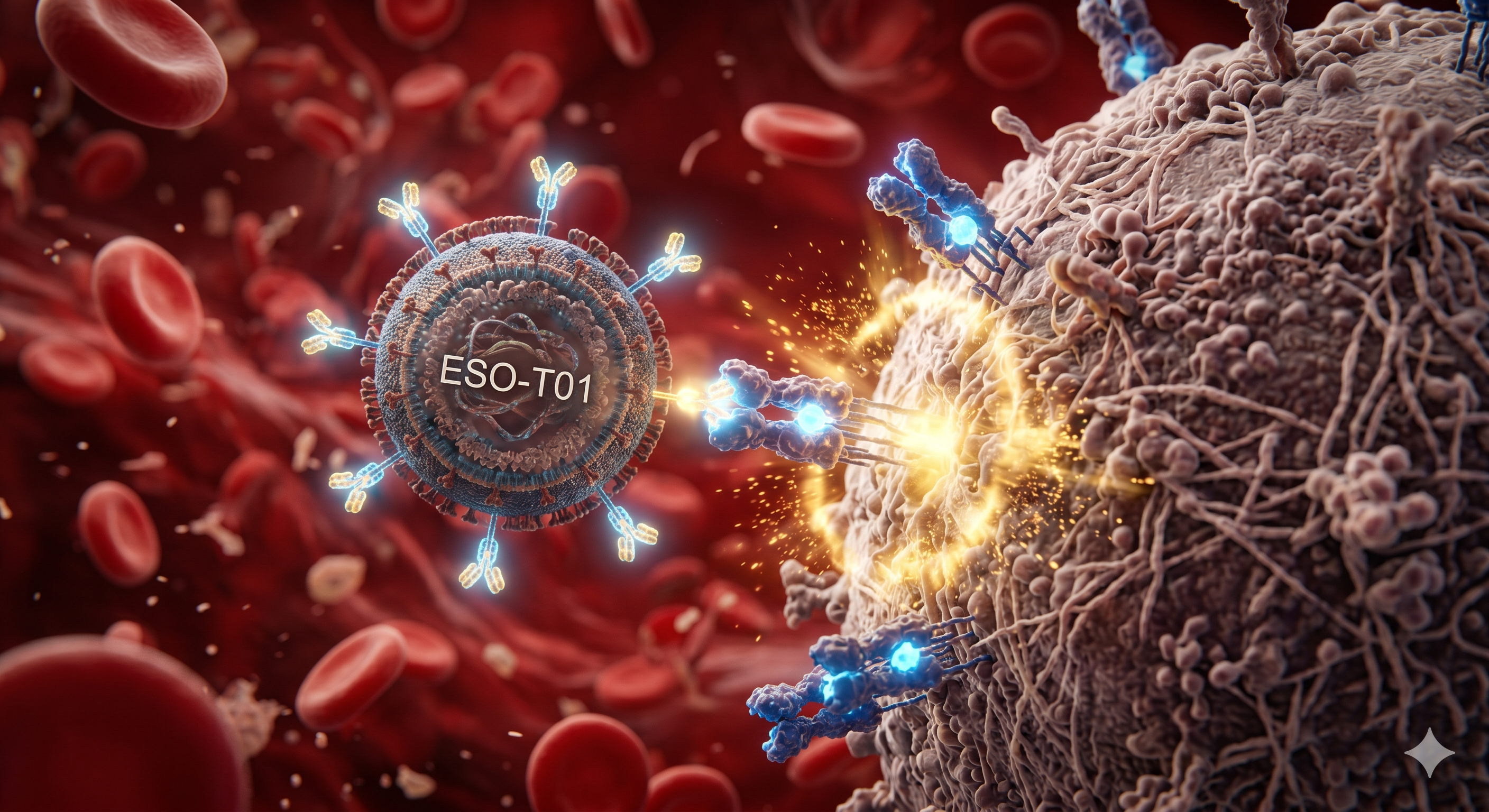 Vector lentiviral ESO-T01 acercándose a un linfocito T para modificarlo genéticamente. Visualización médica 3D generada por IA.